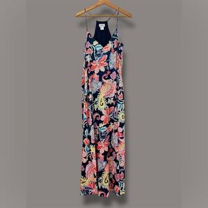 NICOLE MILLER N.Y. Navy Blue Floral SATIN Maxi Dress HALTER NECKLINE POCKETS